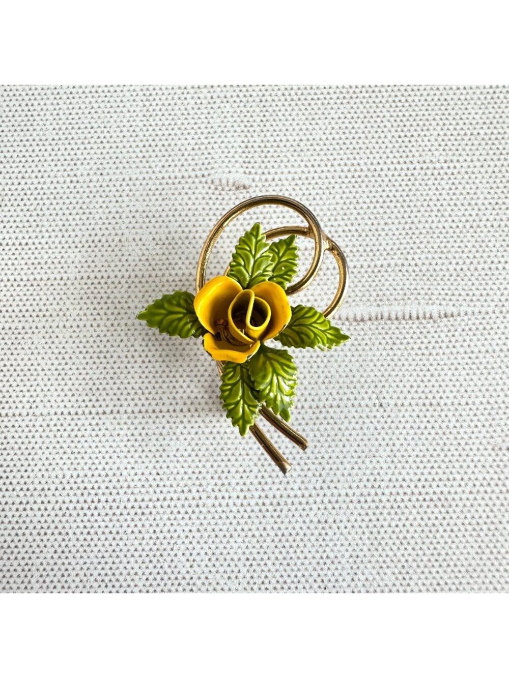 Vintage Gold Tone Yellow and Green Enamel Rose Brooch